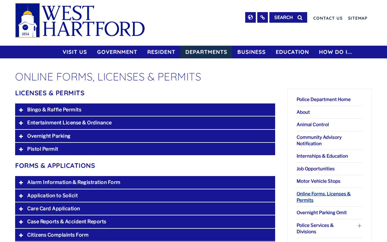 West Hartford Police forms and arrest record request navigation