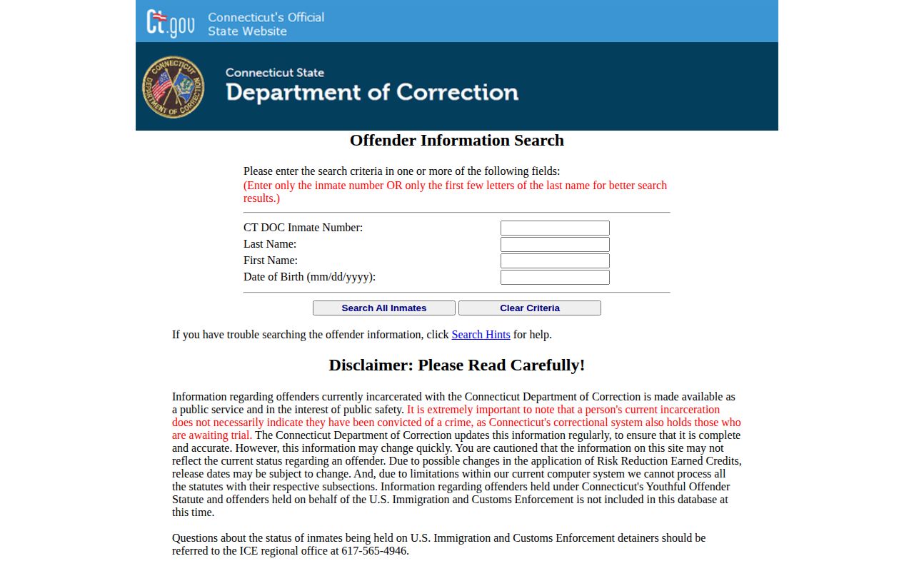 Connecticut DOC current inmate search for West Hartford custody records