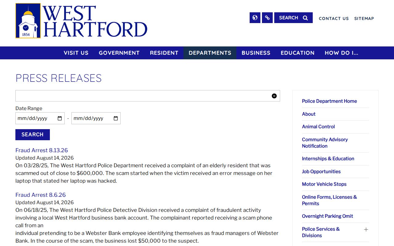 West Hartford Police selected arrest and incident release archive