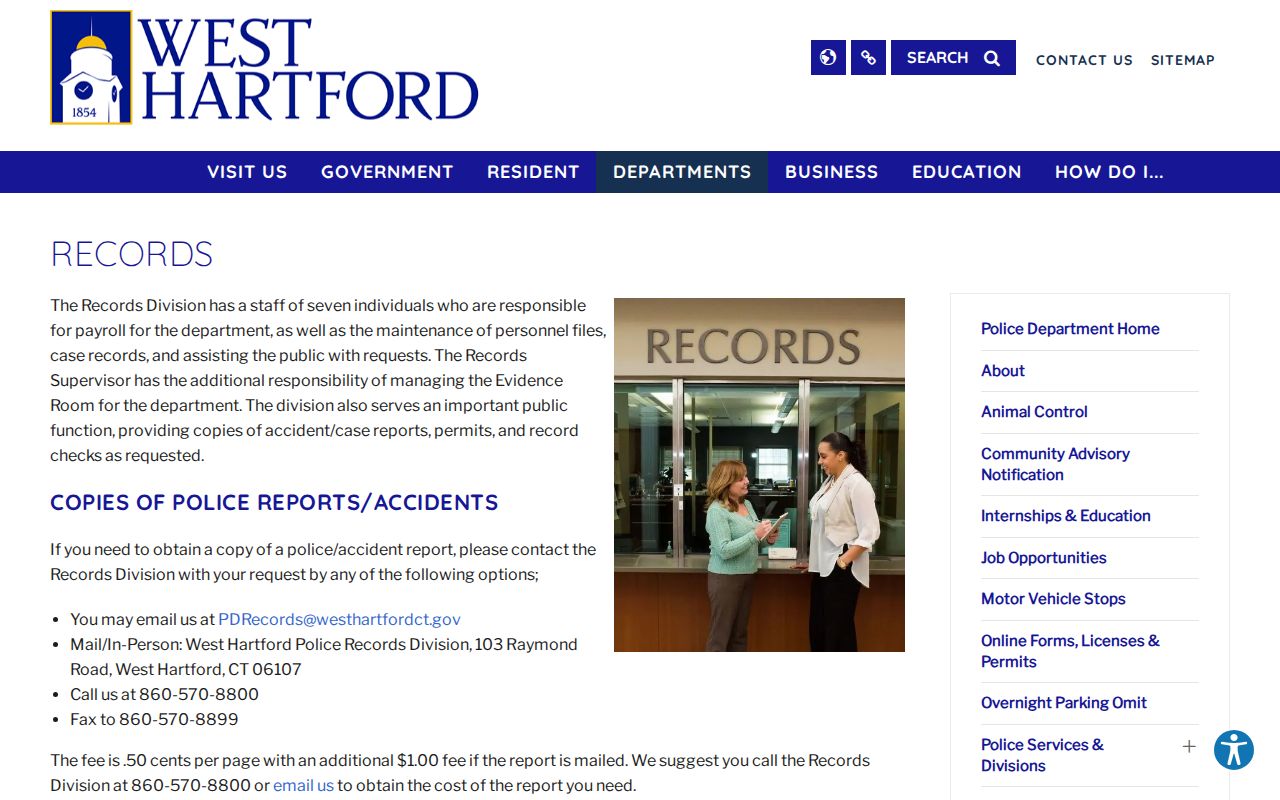 West Hartford Police arrest record and booking photo request page
