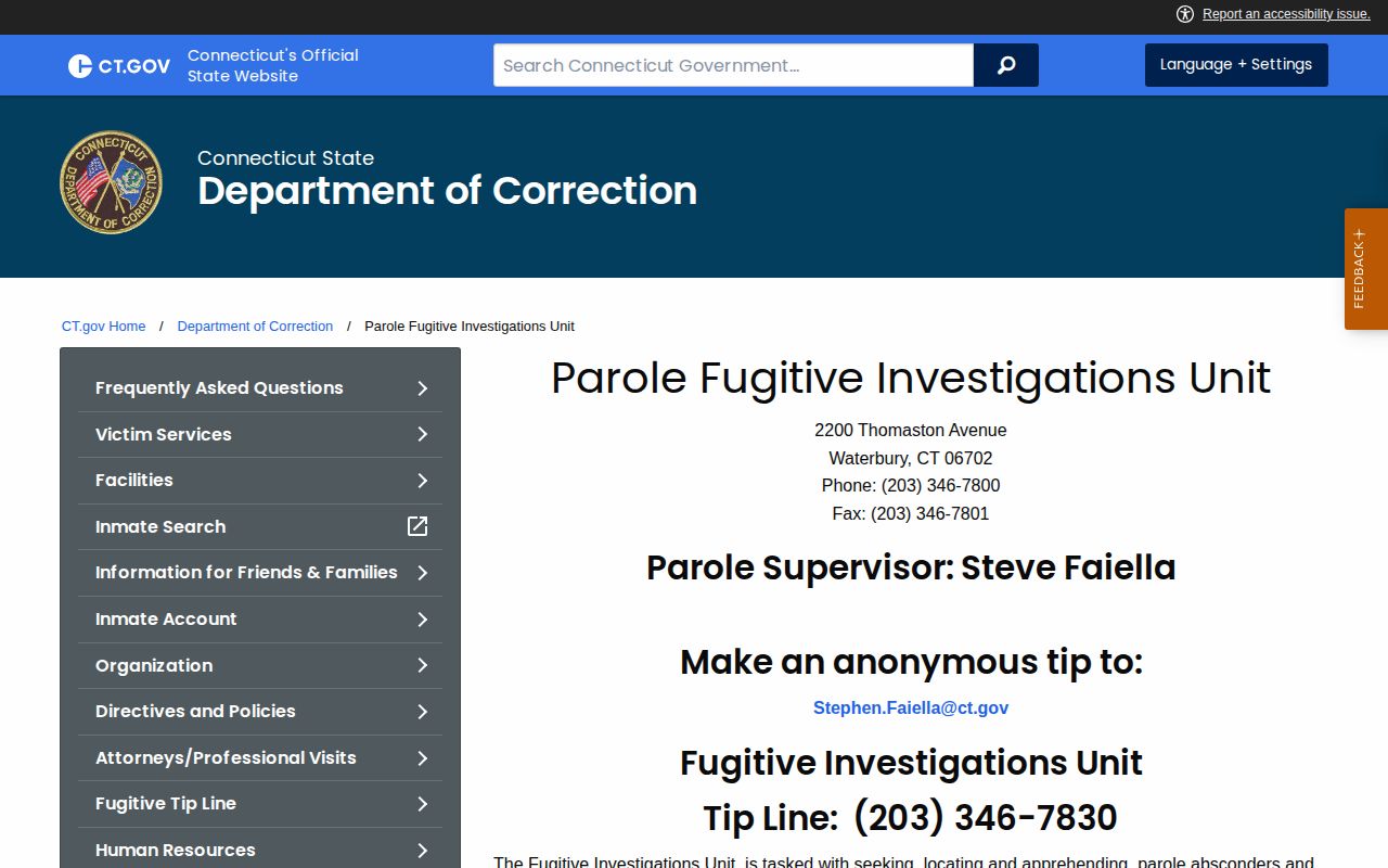 West Hartford parole fugitive record context from Connecticut DOC