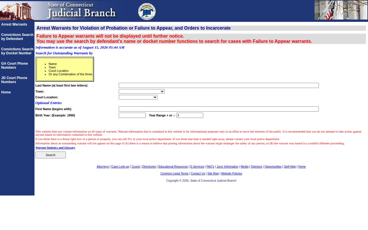 West Hartford warrant record search for outstanding violation-of-probation warrants